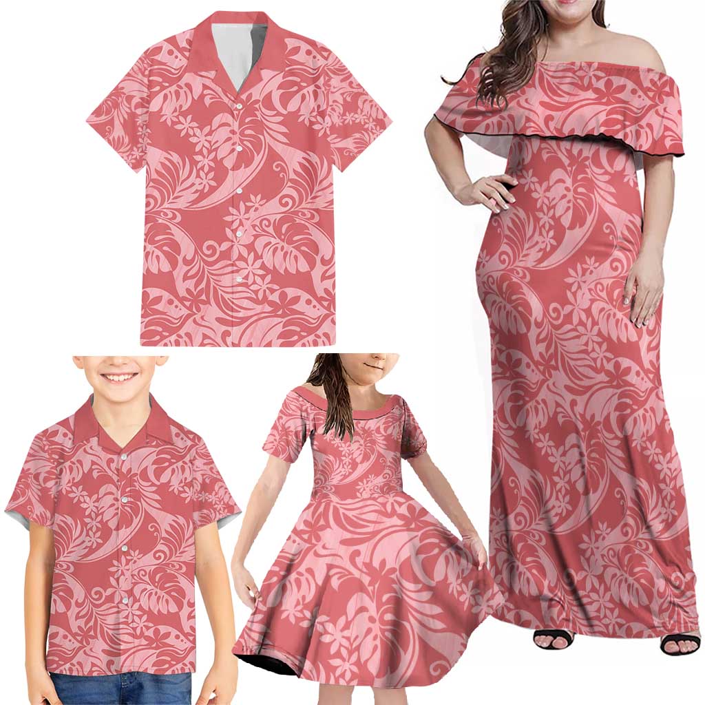 Tahiti Tarona Tiare Floral Family Matching Off Shoulder Maxi Dress and Hawaiian Shirt Monstera Palm Tropical Leaves - Polynesian Pride