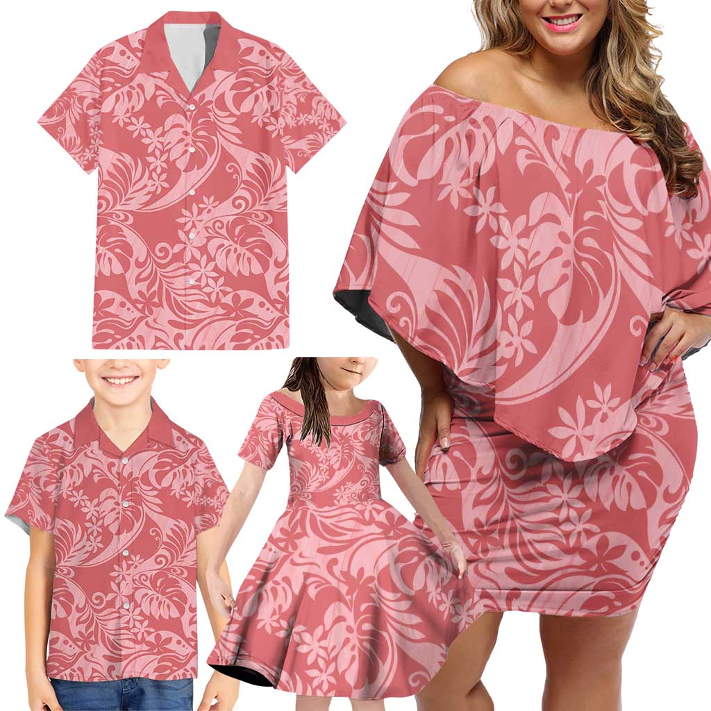 Tahiti Tarona Tiare Floral Family Matching Off Shoulder Short Dress and Hawaiian Shirt Monstera Palm Tropical Leaves - Polynesian Pride