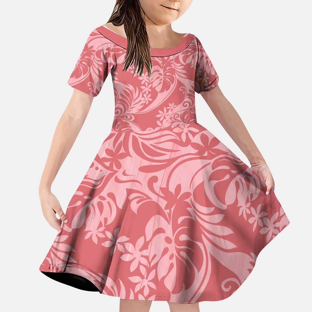 Tahiti Tarona Tiare Floral Family Matching Puletasi and Hawaiian Shirt Monstera Palm Tropical Leaves LT01 Daughter's Dress Pink - Polynesian Pride