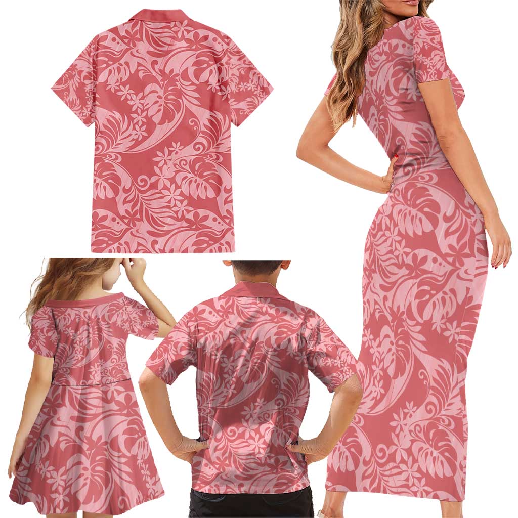 Tahiti Tarona Tiare Floral Family Matching Short Sleeve Bodycon Dress and Hawaiian Shirt Monstera Palm Tropical Leaves - Polynesian Pride