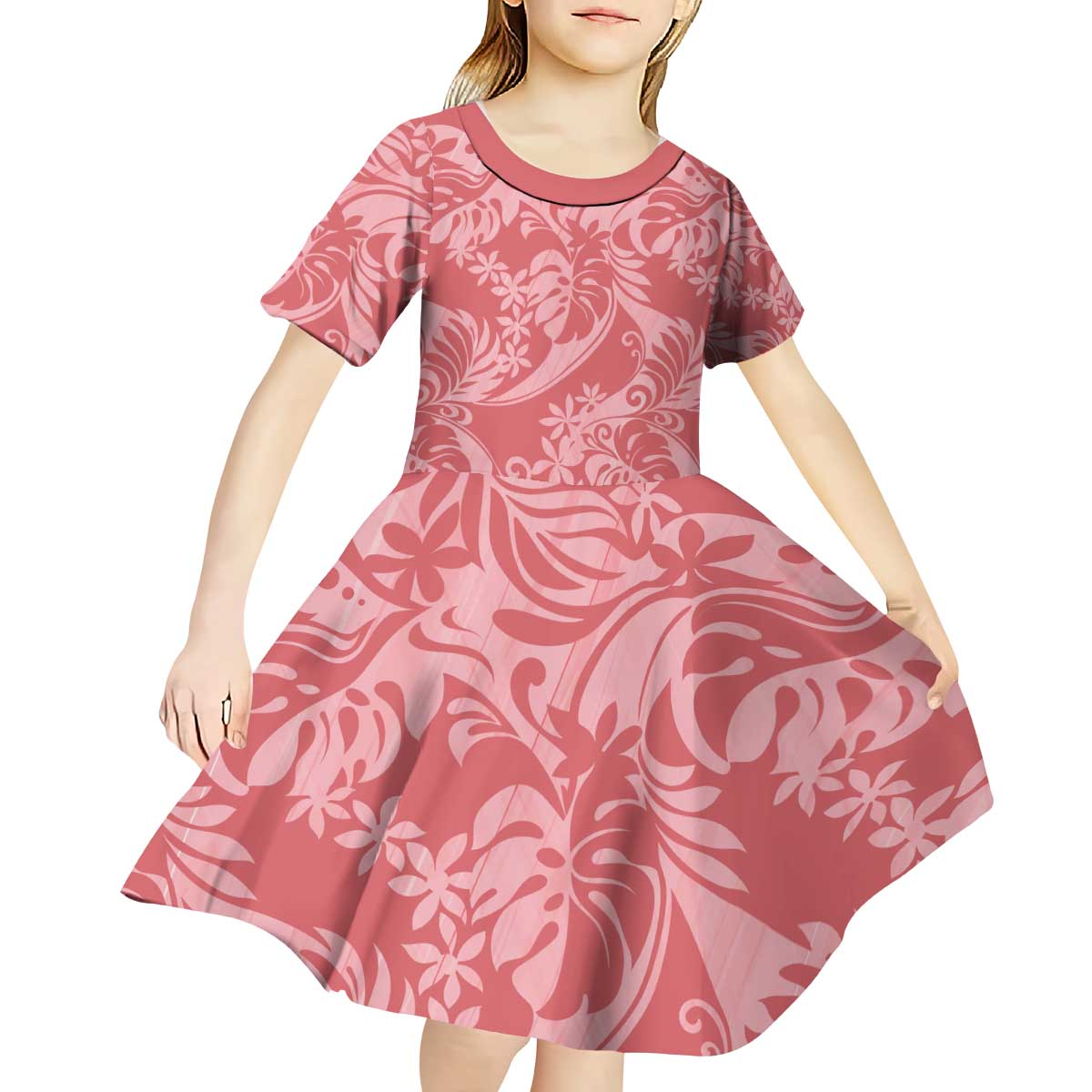 Tahiti Tarona Tiare Floral Kid Short Sleeve Dress Monstera Palm Tropical Leaves - Polynesian Pride