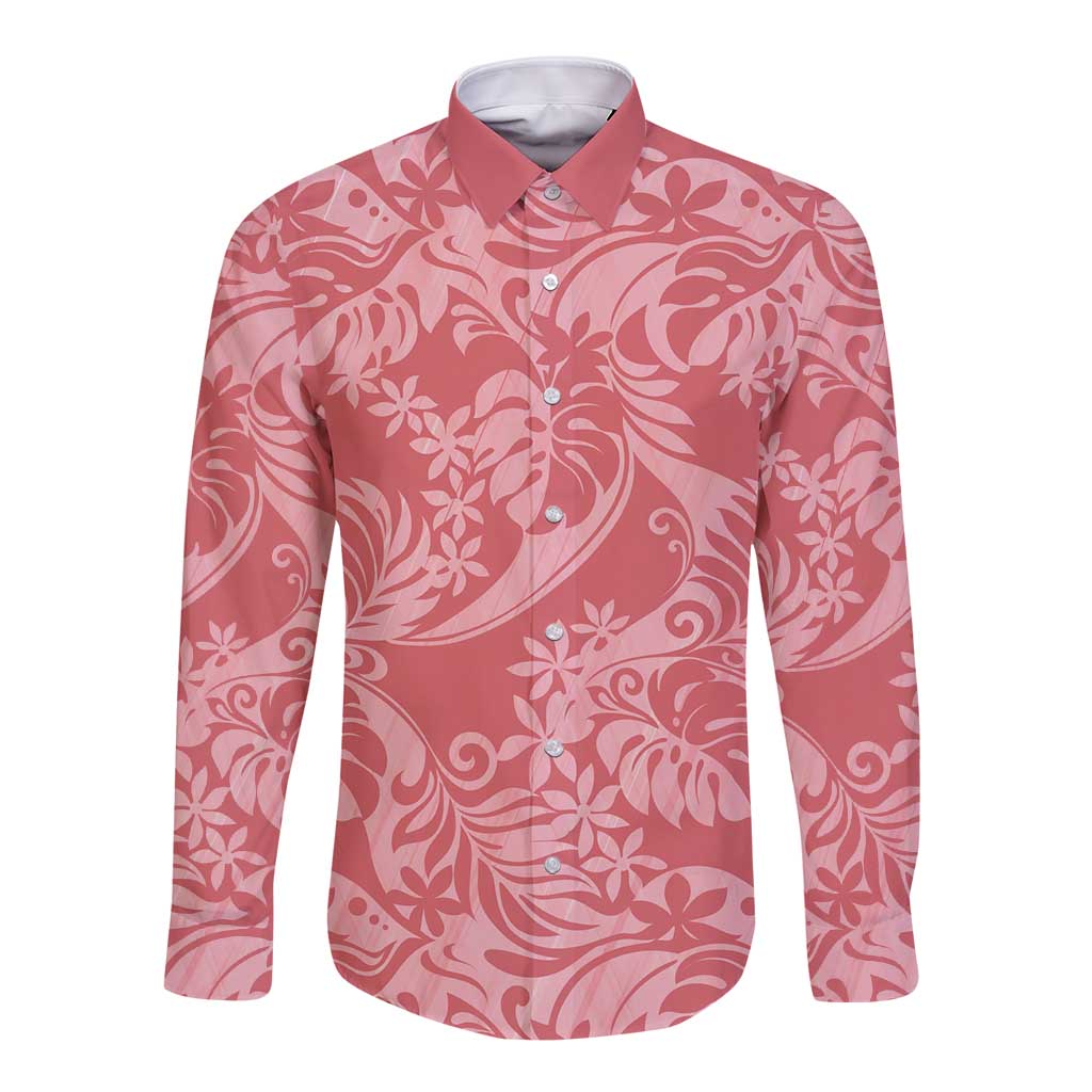 Tahiti Tarona Tiare Floral Long Sleeve Button Shirt Monstera Palm Tropical Leaves - Polynesian Pride