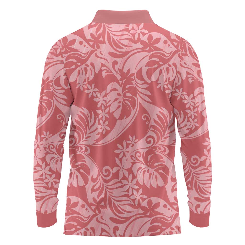 Tahiti Tarona Tiare Floral Long Sleeve Polo Shirt Monstera Palm Tropical Leaves - Polynesian Pride