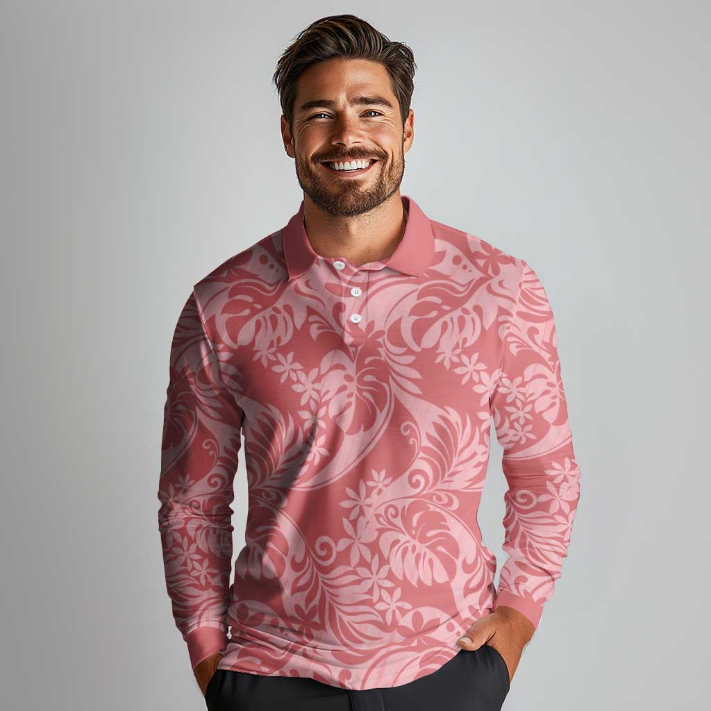 Tahiti Tarona Tiare Floral Long Sleeve Polo Shirt Monstera Palm Tropical Leaves - Polynesian Pride