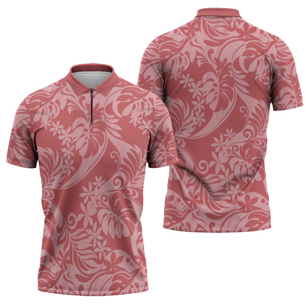 Tahiti Tarona Tiare Floral Zipper Polo Shirt Monstera Palm Tropical Leaves - Polynesian Pride