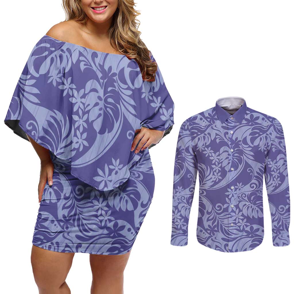 Tahiti Vareau Tiare Floral Couples Matching Off Shoulder Short Dress and Long Sleeve Button Shirt Monstera Palm Tropical Leaves - Polynesian Pride