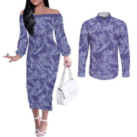 Tahiti Vareau Tiare Floral Couples Matching Off The Shoulder Long Sleeve Dress and Long Sleeve Button Shirt Monstera Palm Tropical Leaves LT01 Purple - Polynesian Pride