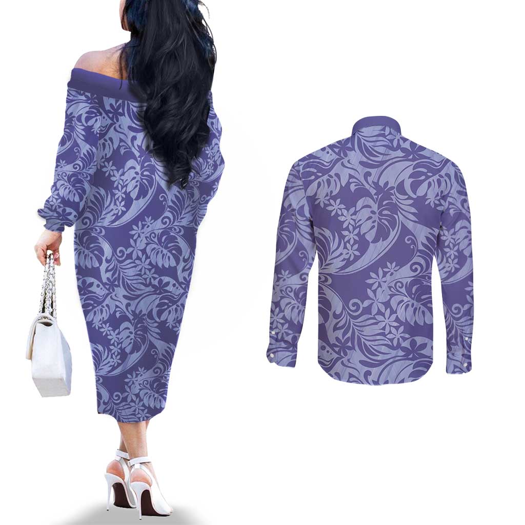 Tahiti Vareau Tiare Floral Couples Matching Off The Shoulder Long Sleeve Dress and Long Sleeve Button Shirt Monstera Palm Tropical Leaves LT01 - Polynesian Pride