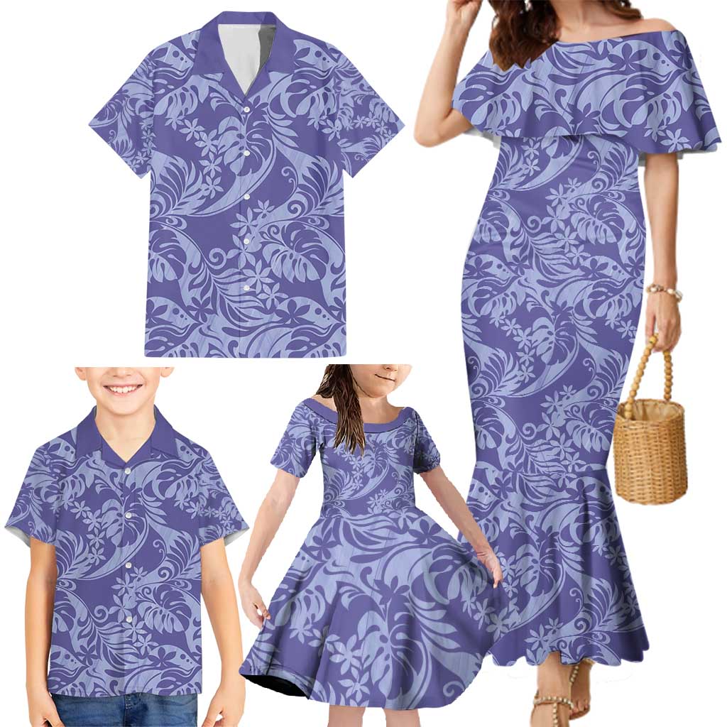 Tahiti Vareau Tiare Floral Family Matching Mermaid Dress and Hawaiian Shirt Monstera Palm Tropical Leaves - Polynesian Pride