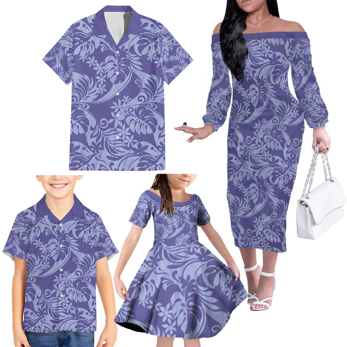 Tahiti Vareau Tiare Floral Family Matching Off The Shoulder Long Sleeve Dress and Hawaiian Shirt Monstera Palm Tropical Leaves - Polynesian Pride