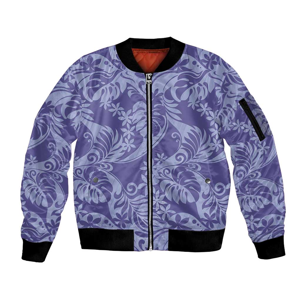 Tahiti Vareau Tiare Floral Sleeve Zip Bomber Jacket Monstera Palm Tropical Leaves - Polynesian Pride
