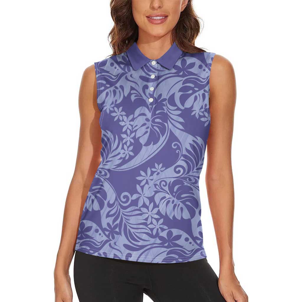 Tahiti Vareau Tiare Floral Women Sleeveless Polo Shirt Monstera Palm Tropical Leaves - Polynesian Pride