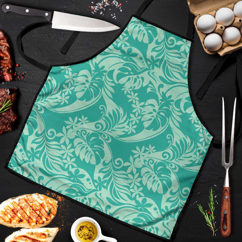 Tahiti Teal Tiare Floral Apron Monstera Palm Tropical Leaves - Polynesian Pride