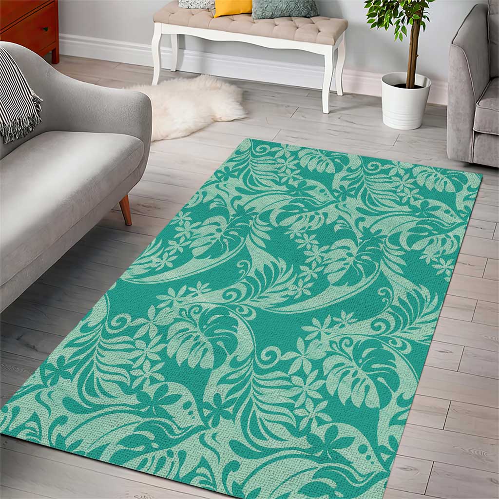 Tahiti Teal Tiare Floral Area Rug Monstera Palm Tropical Leaves - Polynesian Pride