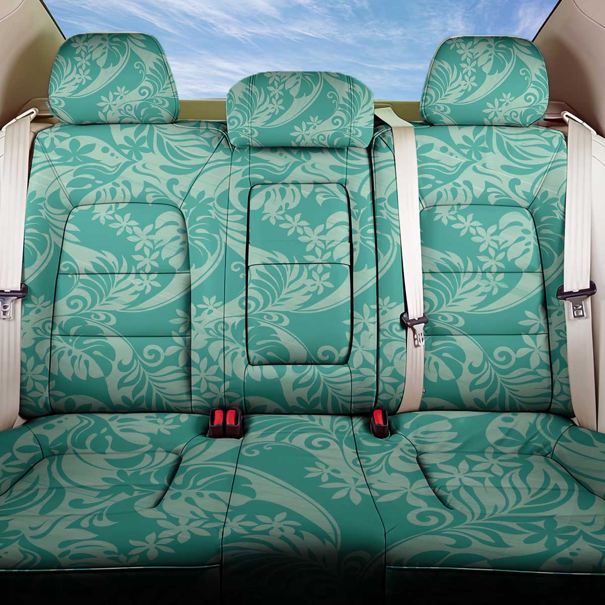 Tahiti Teal Tiare Floral Back Car Seat Cover Monstera Palm Tropical Leaves - Polynesian Pride