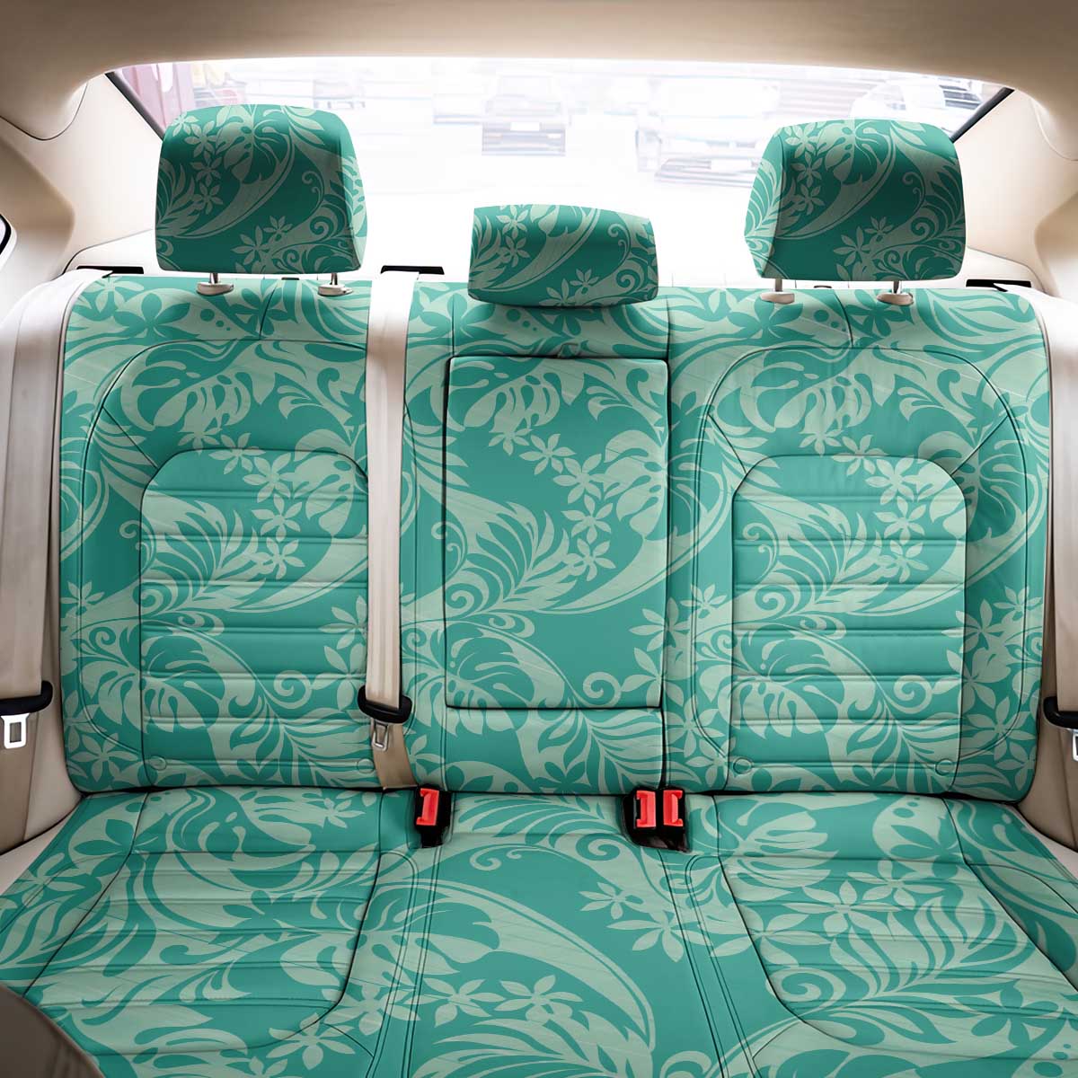 Tahiti Teal Tiare Floral Back Car Seat Cover Monstera Palm Tropical Leaves - Polynesian Pride