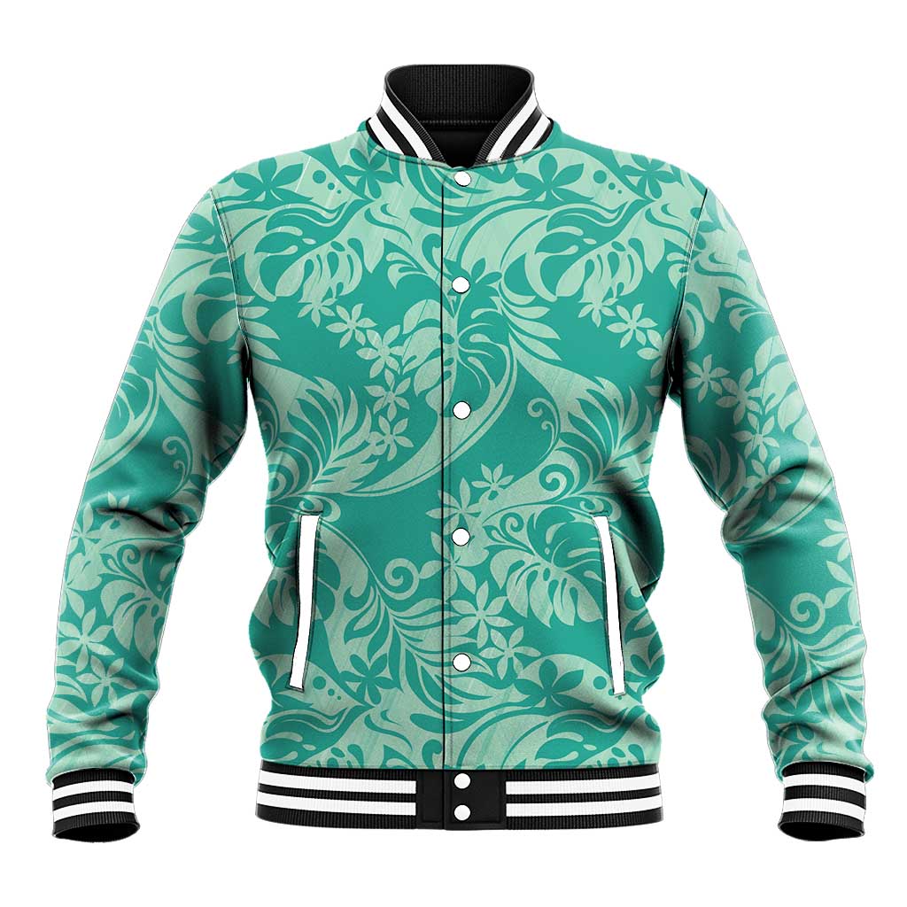 Tahiti Teal Tiare Floral Baseball Jacket Monstera Palm Tropical Leaves - Polynesian Pride
