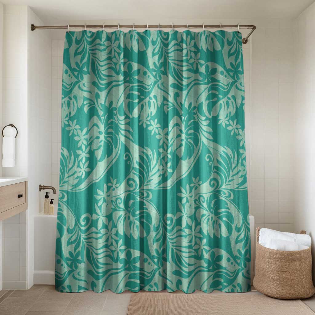 Tahiti Teal Tiare Floral Bathroom Set Monstera Palm Tropical Leaves - Polynesian Pride