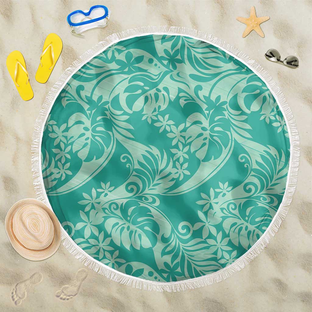 Tahiti Teal Tiare Floral Beach Blanket Monstera Palm Tropical Leaves - Polynesian Pride