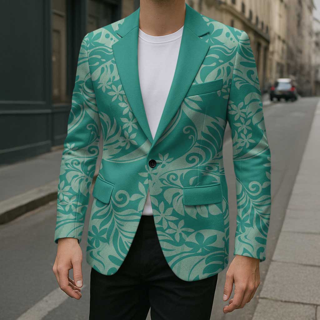 Tahiti Teal Tiare Floral Blazer Monstera Palm Tropical Leaves - Polynesian Pride