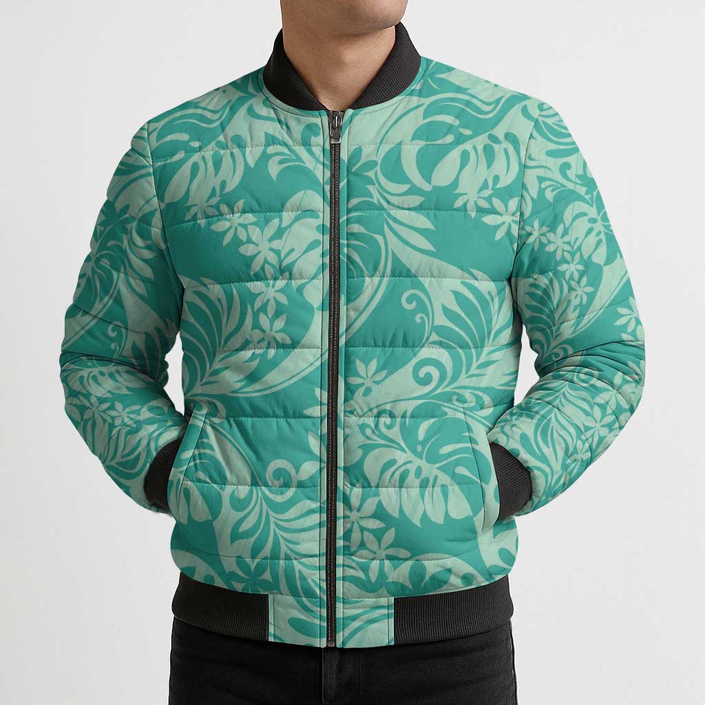Tahiti Teal Tiare Floral Bomber Puffer Jacket Monstera Palm Tropical Leaves - Polynesian Pride