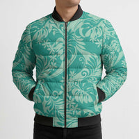 Tahiti Teal Tiare Floral Bomber Puffer Jacket Monstera Palm Tropical Leaves - Polynesian Pride