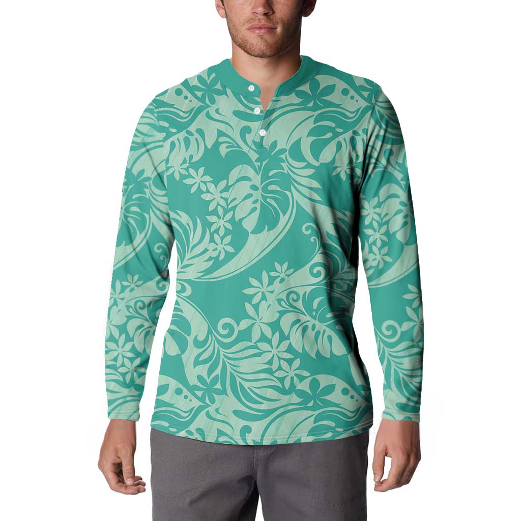 Tahiti Teal Tiare Floral Button Sweatshirt Monstera Palm Tropical Leaves - Polynesian Pride