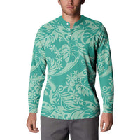 Tahiti Teal Tiare Floral Button Sweatshirt Monstera Palm Tropical Leaves - Polynesian Pride