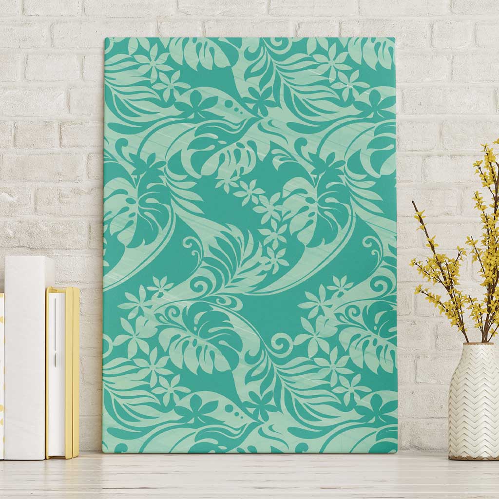 Tahiti Teal Tiare Floral Canvas Wall Art Monstera Palm Tropical Leaves - Polynesian Pride