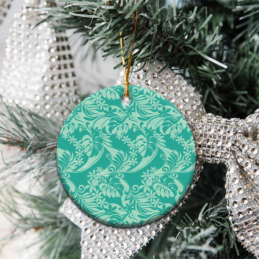 Tahiti Teal Tiare Floral Ceramic Ornament Monstera Palm Tropical Leaves - Polynesian Pride