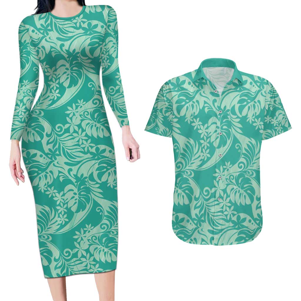 Tahiti Teal Tiare Floral Couples Matching Long Sleeve Bodycon Dress and Hawaiian Shirt Monstera Palm Tropical Leaves - Polynesian Pride