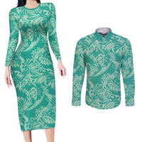 Tahiti Teal Tiare Floral Couples Matching Long Sleeve Bodycon Dress and Long Sleeve Button Shirt Monstera Palm Tropical Leaves LT01 Teal - Polynesian Pride