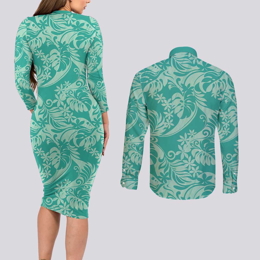 Tahiti Teal Tiare Floral Couples Matching Long Sleeve Bodycon Dress and Long Sleeve Button Shirt Monstera Palm Tropical Leaves LT01 - Polynesian Pride