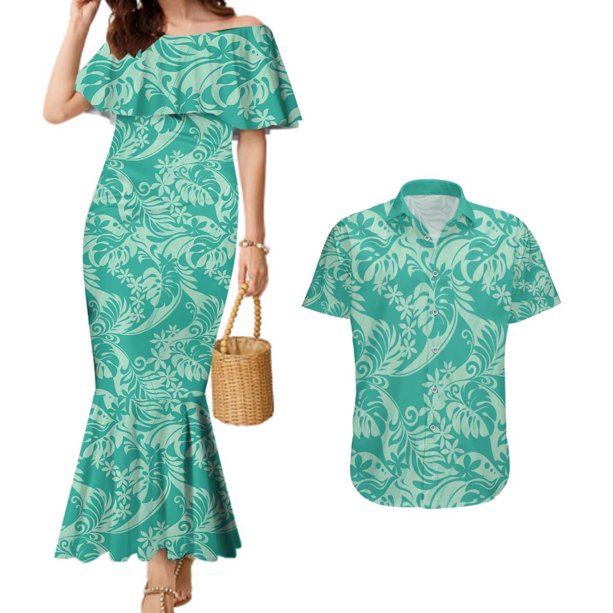 Tahiti Teal Tiare Floral Couples Matching Mermaid Dress and Hawaiian Shirt Monstera Palm Tropical Leaves - Polynesian Pride
