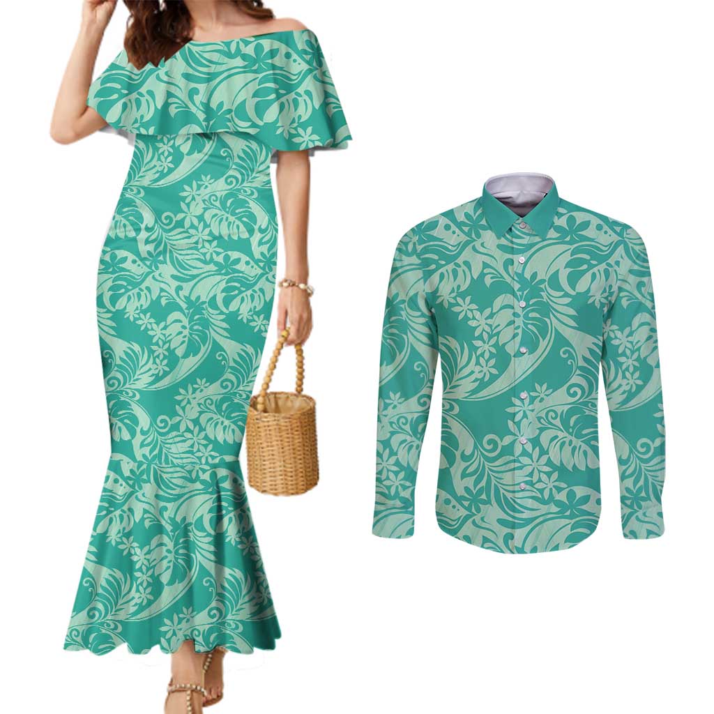 Tahiti Teal Tiare Floral Couples Matching Mermaid Dress and Long Sleeve Button Shirt Monstera Palm Tropical Leaves - Polynesian Pride