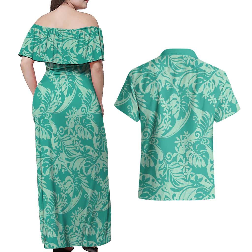 Tahiti Teal Tiare Floral Couples Matching Off Shoulder Maxi Dress and Hawaiian Shirt Monstera Palm Tropical Leaves LT01 - Polynesian Pride