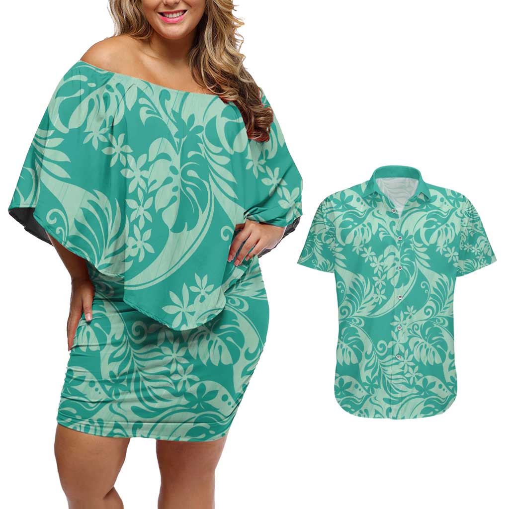 Tahiti Teal Tiare Floral Couples Matching Off Shoulder Short Dress and Hawaiian Shirt Monstera Palm Tropical Leaves - Polynesian Pride