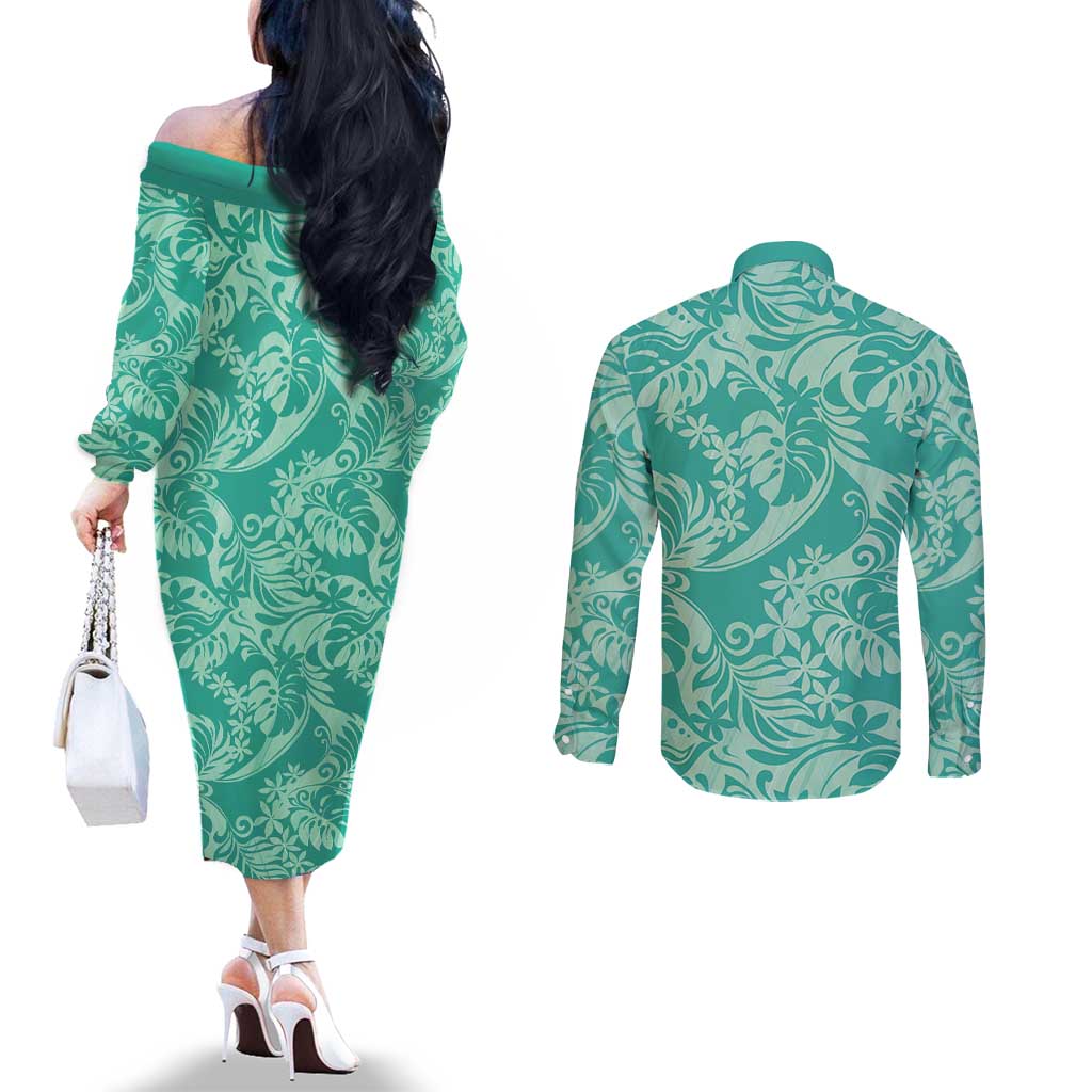 Tahiti Teal Tiare Floral Couples Matching Off The Shoulder Long Sleeve Dress and Long Sleeve Button Shirt Monstera Palm Tropical Leaves - Polynesian Pride
