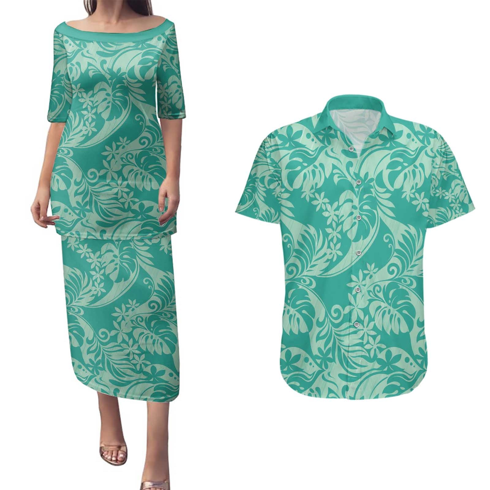 Tahiti Teal Tiare Floral Couples Matching Puletasi and Hawaiian Shirt Monstera Palm Tropical Leaves - Polynesian Pride