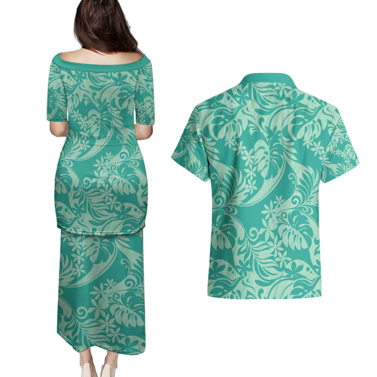 Tahiti Teal Tiare Floral Couples Matching Puletasi and Hawaiian Shirt Monstera Palm Tropical Leaves - Polynesian Pride