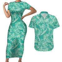 Tahiti Teal Tiare Floral Couples Matching Short Sleeve Bodycon Dress and Hawaiian Shirt Monstera Palm Tropical Leaves - Polynesian Pride