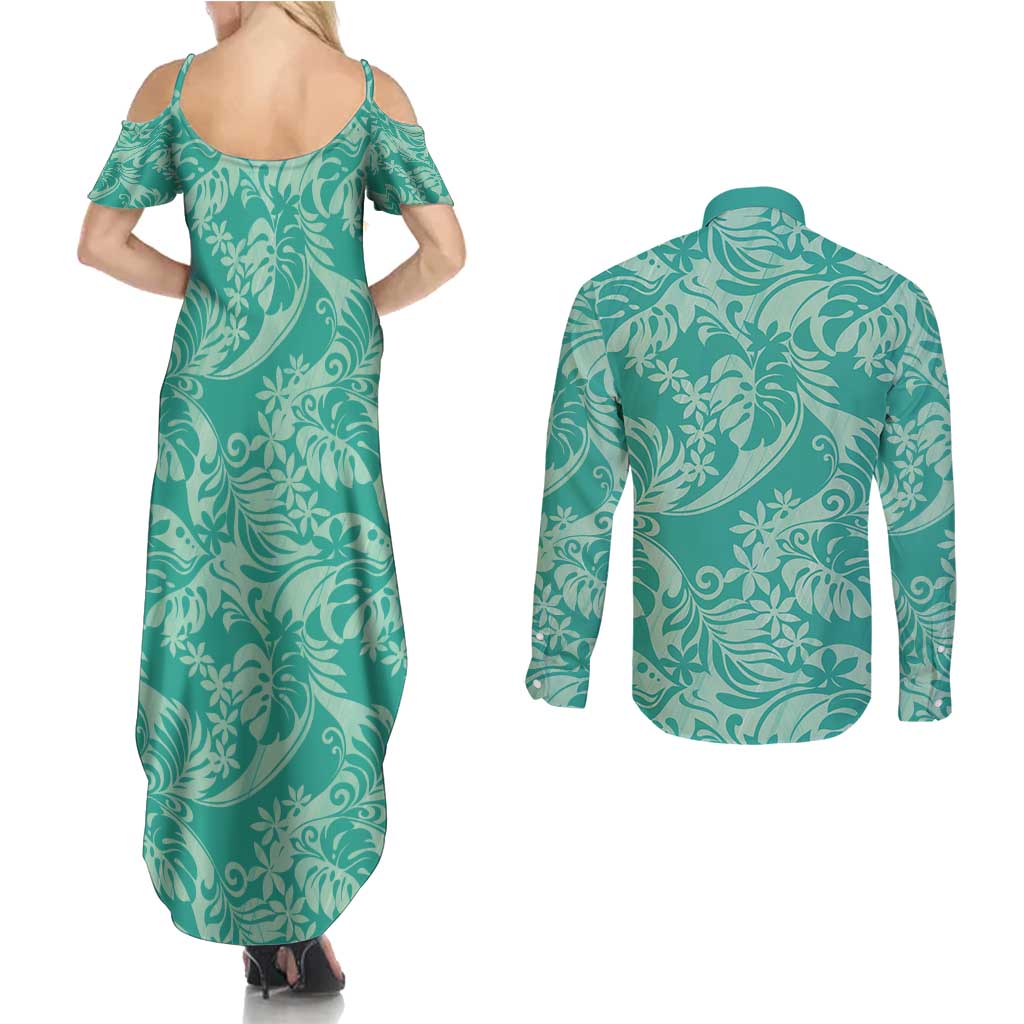 Tahiti Teal Tiare Floral Couples Matching Summer Maxi Dress and Long Sleeve Button Shirt Monstera Palm Tropical Leaves - Polynesian Pride