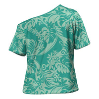 Tahiti Teal Tiare Floral Cross Shoulder Shirt Monstera Palm Tropical Leaves - Polynesian Pride