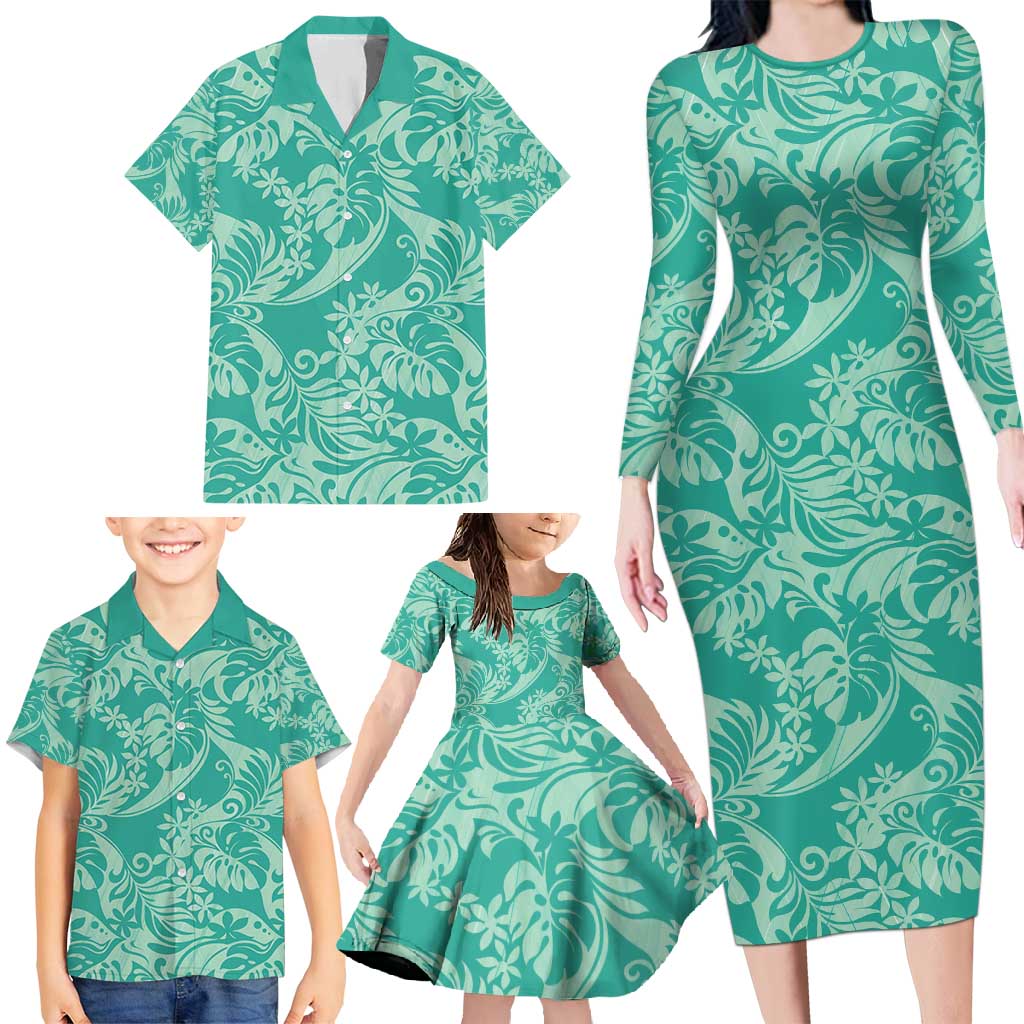 Tahiti Teal Tiare Floral Family Matching Long Sleeve Bodycon Dress and Hawaiian Shirt Monstera Palm Tropical Leaves - Polynesian Pride