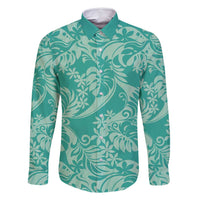 Tahiti Teal Tiare Floral Family Matching Long Sleeve Bodycon Dress and Hawaiian Shirt Monstera Palm Tropical Leaves - Polynesian Pride