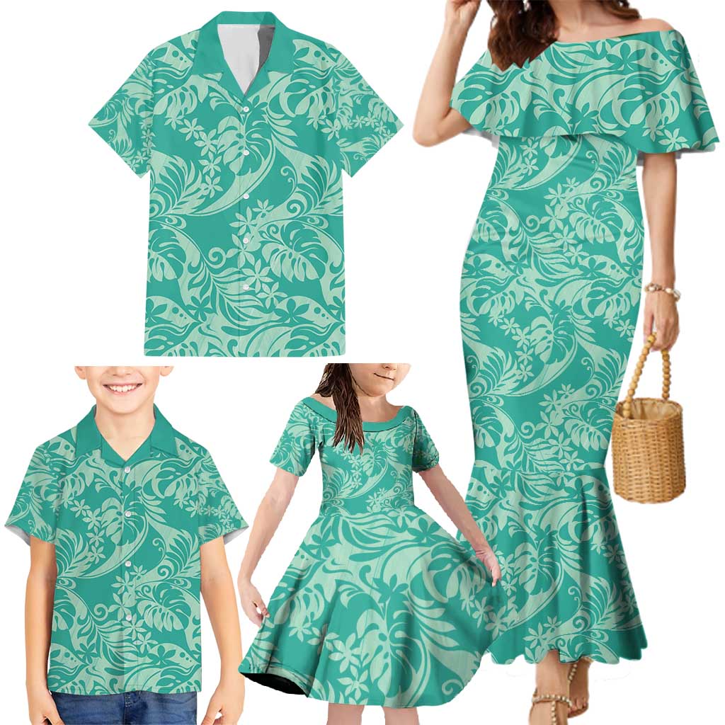 Tahiti Teal Tiare Floral Family Matching Mermaid Dress and Hawaiian Shirt Monstera Palm Tropical Leaves - Polynesian Pride