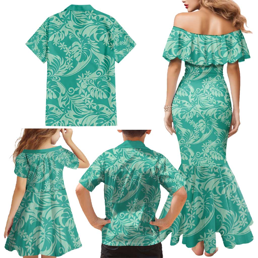 Tahiti Teal Tiare Floral Family Matching Mermaid Dress and Hawaiian Shirt Monstera Palm Tropical Leaves - Polynesian Pride