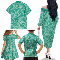 Tahiti Teal Tiare Floral Family Matching Off The Shoulder Long Sleeve Dress and Hawaiian Shirt Monstera Palm Tropical Leaves - Polynesian Pride