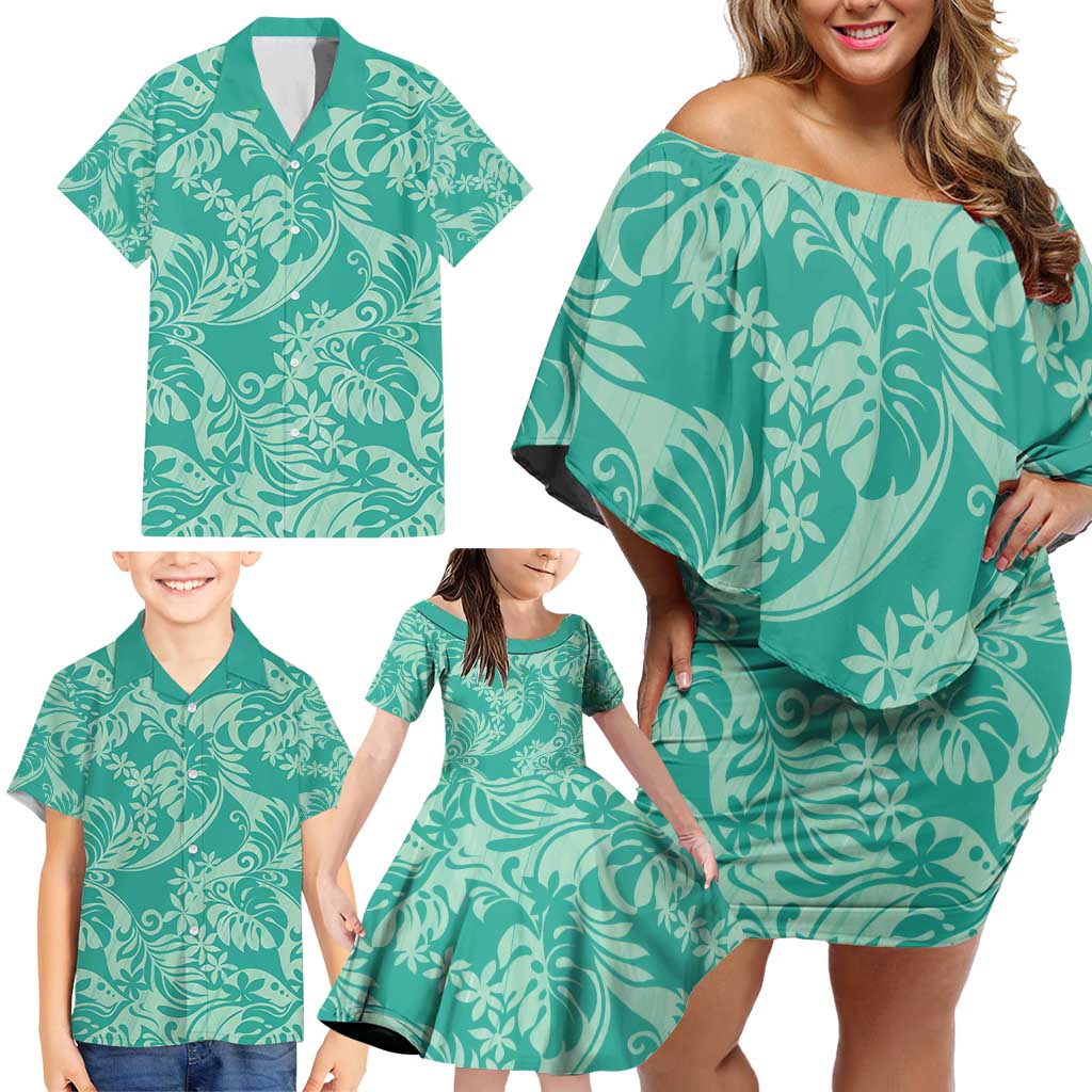 Tahiti Teal Tiare Floral Family Matching Off Shoulder Short Dress and Hawaiian Shirt Monstera Palm Tropical Leaves - Polynesian Pride