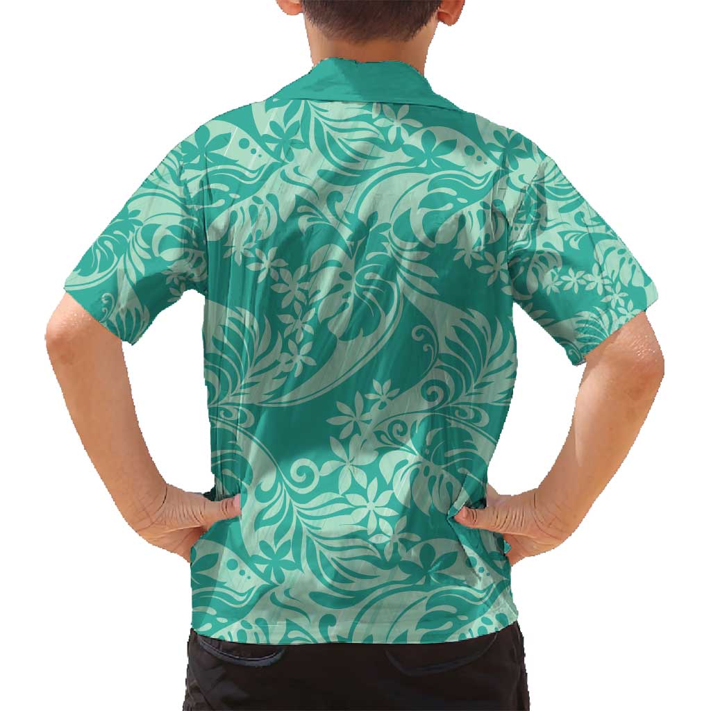 Tahiti Teal Tiare Floral Family Matching Puletasi and Hawaiian Shirt Monstera Palm Tropical Leaves - Polynesian Pride